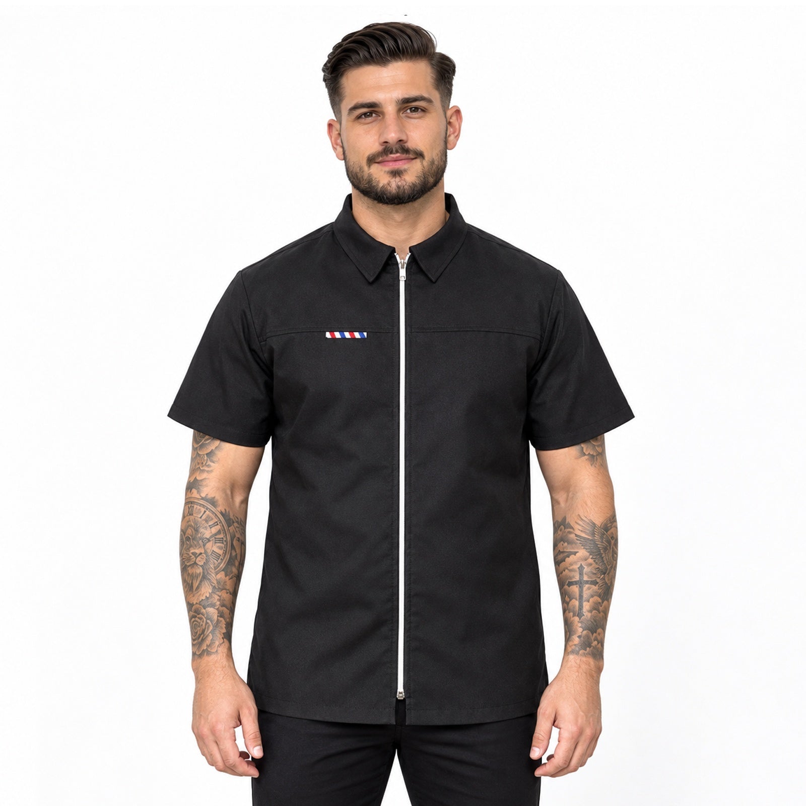 Black Half Sleeve Barber Jacket with Silver Zip | Gencuts