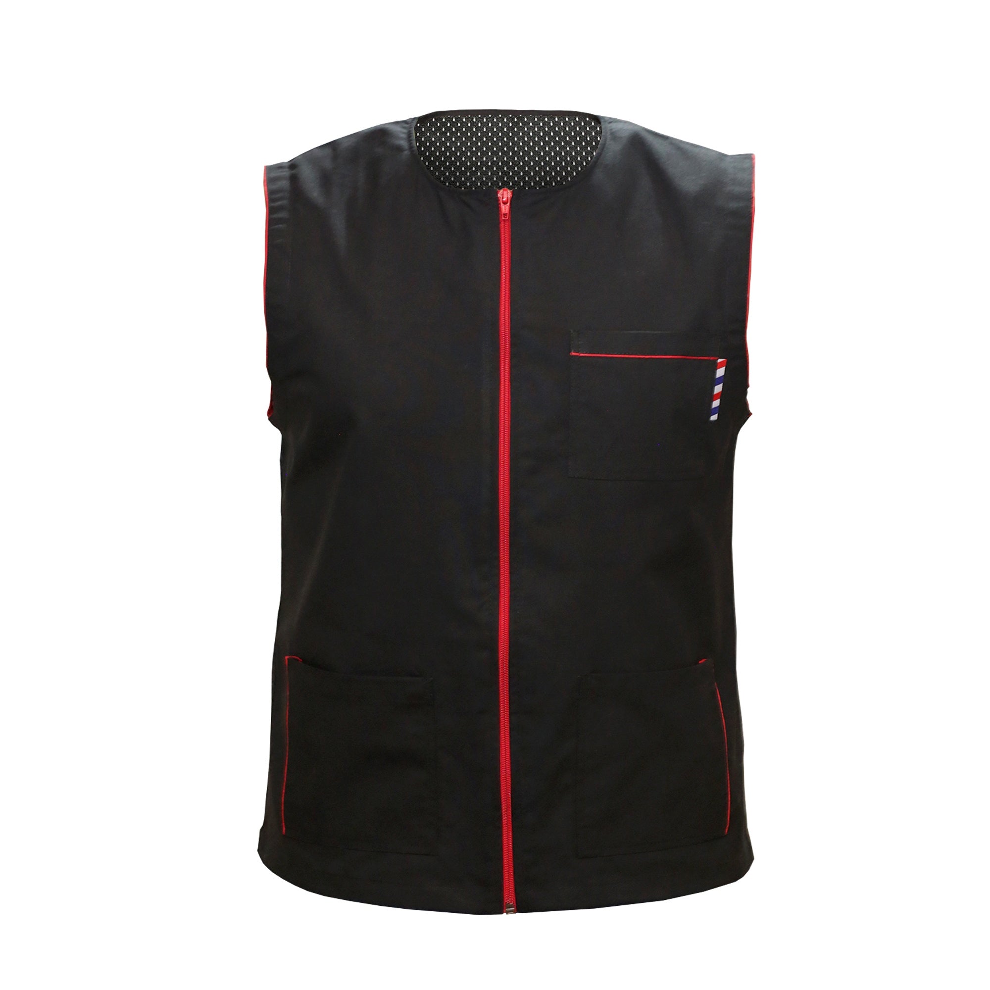 Black Barber Vest with Red Zip and Back Mesh Barber Jacket | Gencuts