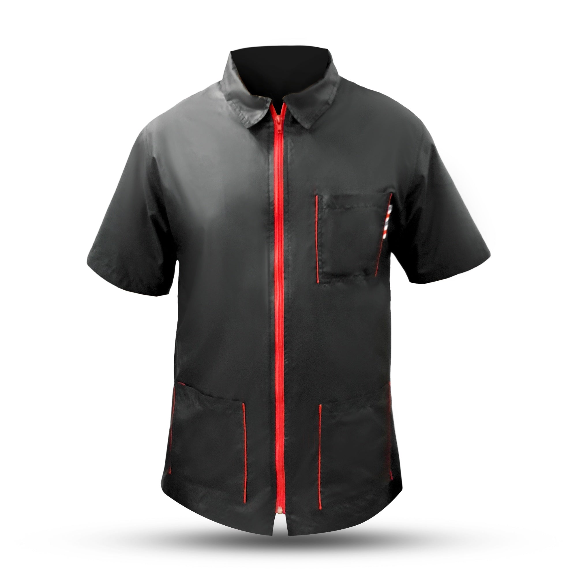 Black Barber Jacket with Red Zip Half Sleeves Barber Smock | Gencuts