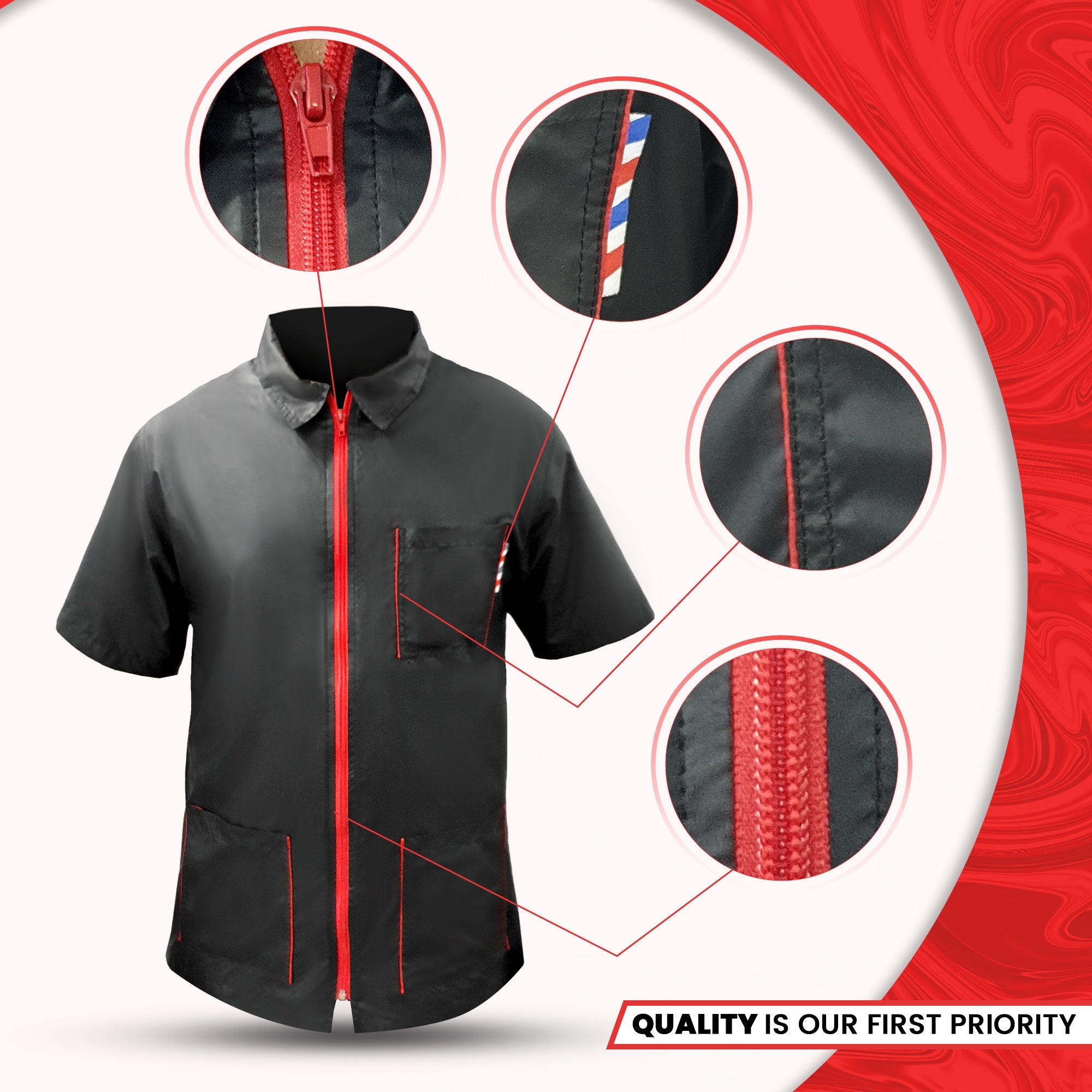 Black Barber Jacket with Red Zip Half Sleeves Barber Smock | Gencuts