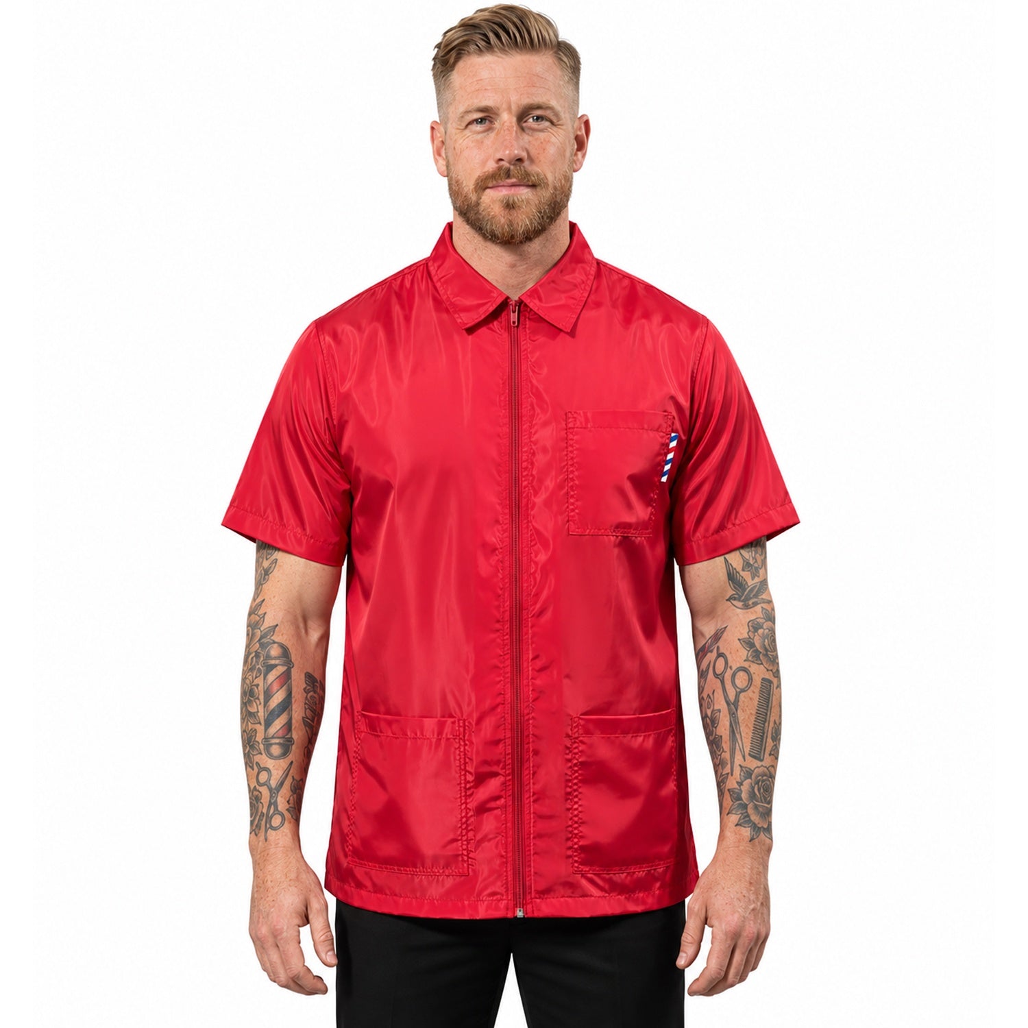 Red Half Sleeve Barber Jacket with 3 Pockets | Gencuts