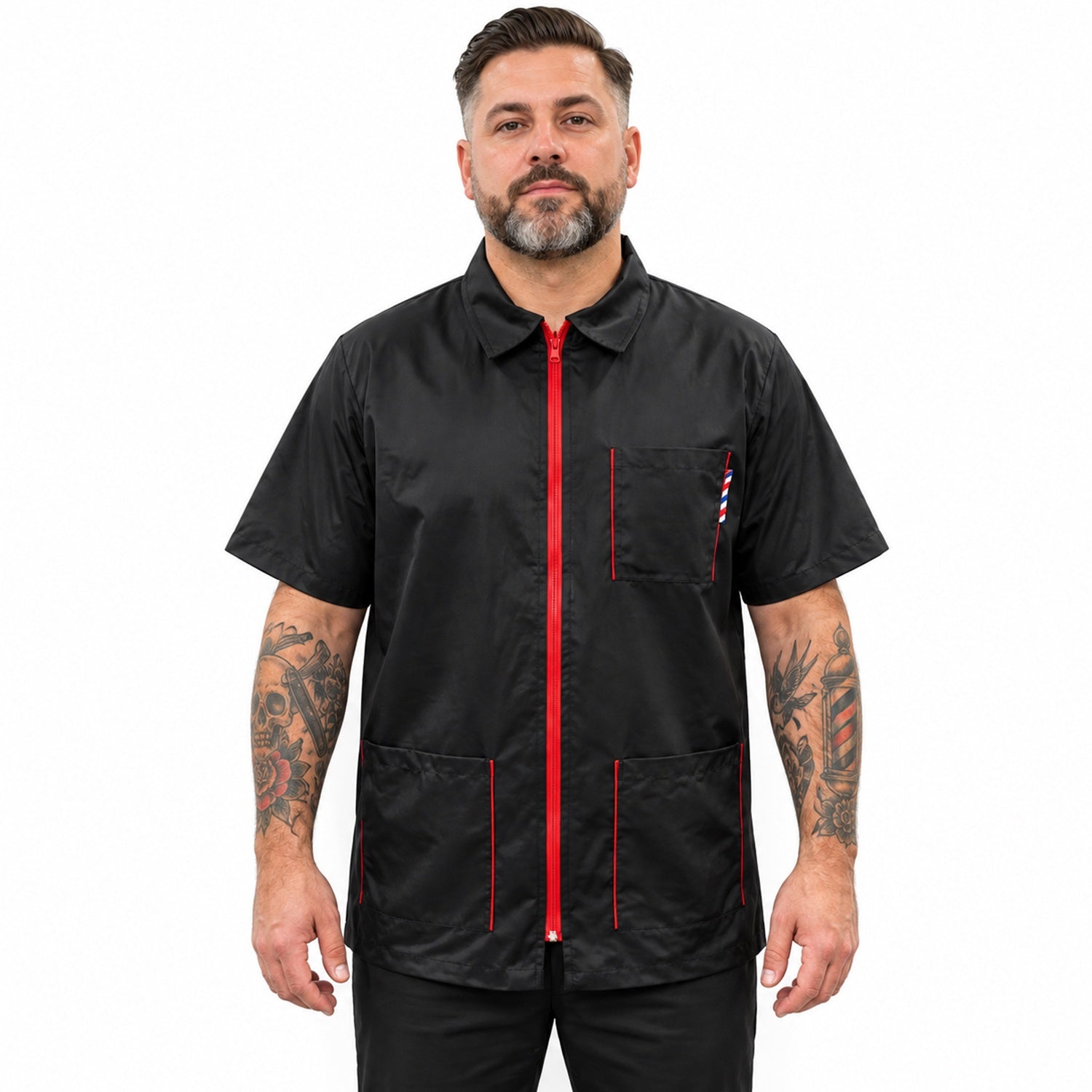 Black Barber Jacket with Red Zip Half Sleeves Barber Smock | Gencuts