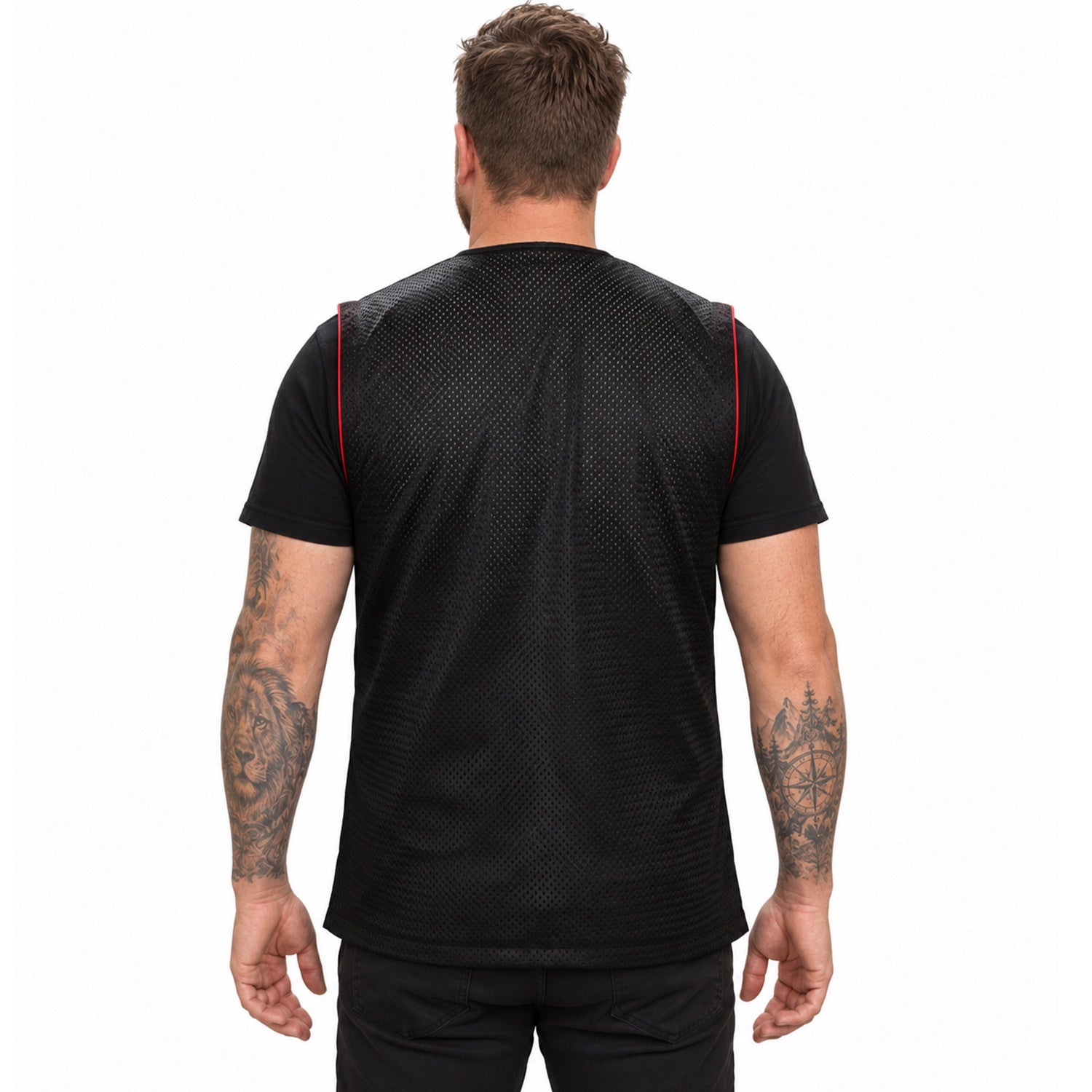 Black Barber Vest with Red Zip and Back Mesh Barber Jacket | Gencuts