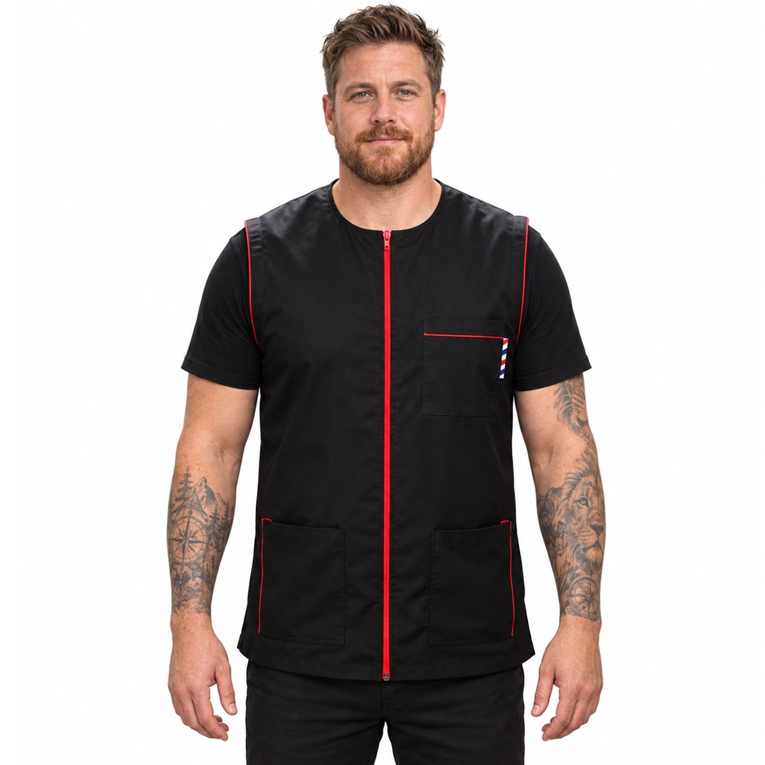 Black Barber Vest with Red Zip and Back Mesh Barber Jacket | Gencuts